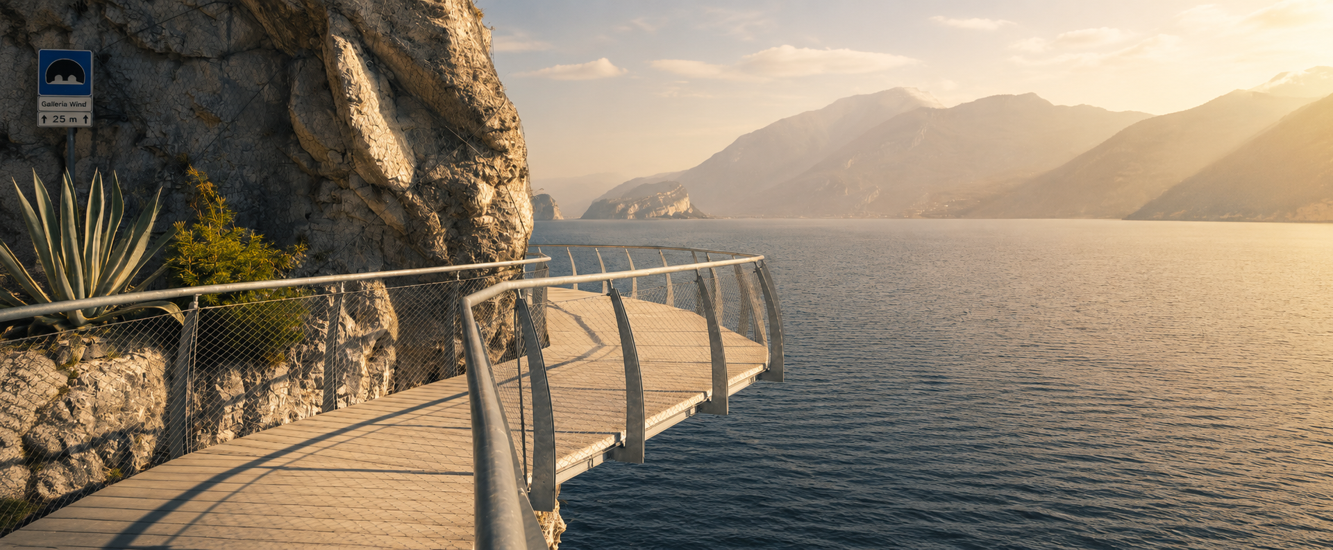 Ciclopedonale Limone-Riva al tramonto con passerella sospesa sulla roccia, galleria Wind