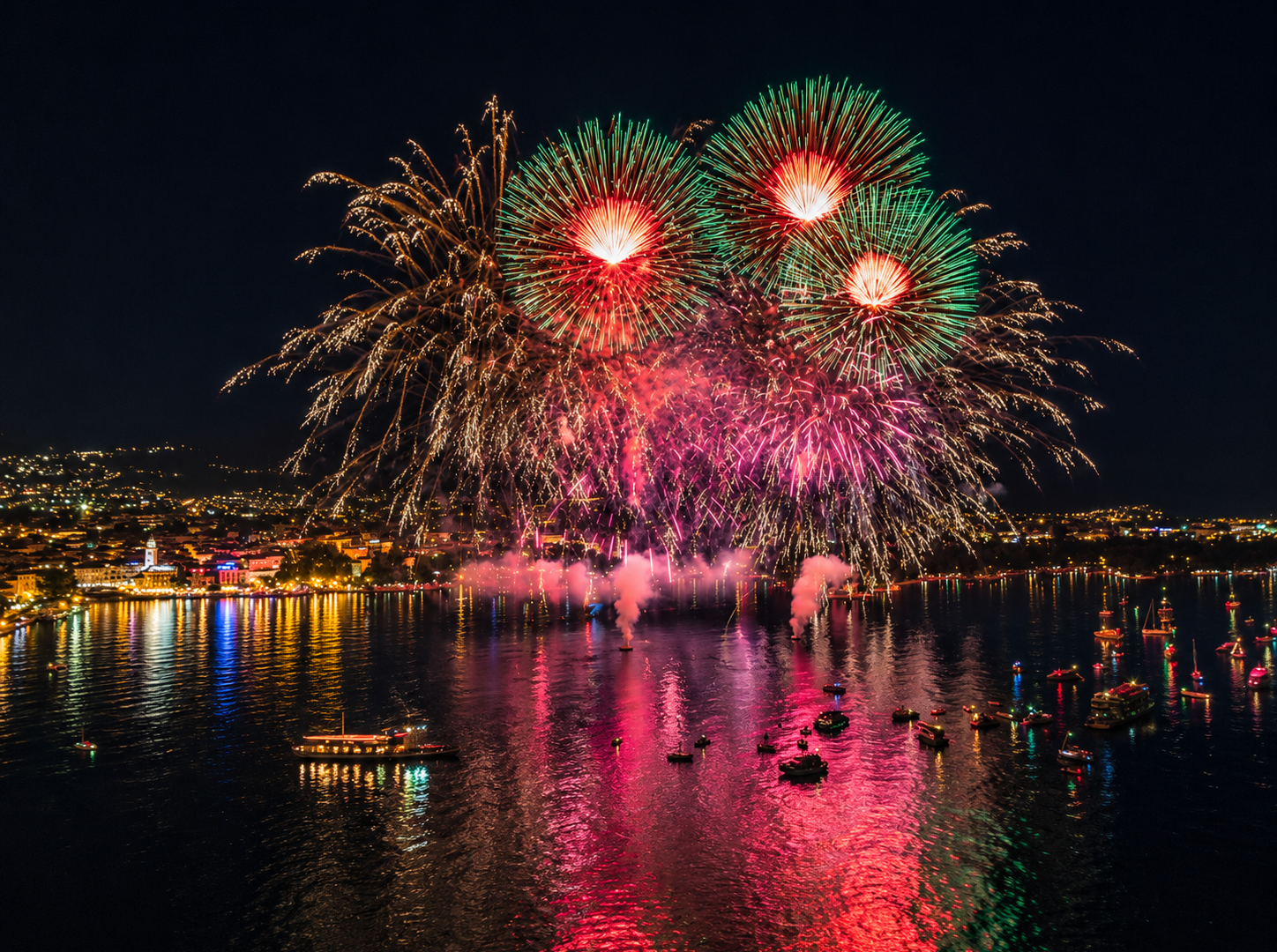 Spettacolo pirotecnico di Ferragosto sul Lago di Garda con riflessi colorati sull acqua e barche illuminate