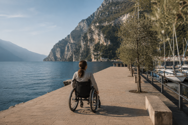 Woman in a wheelchair on the Riva del Garda lakefront promenade with lake view